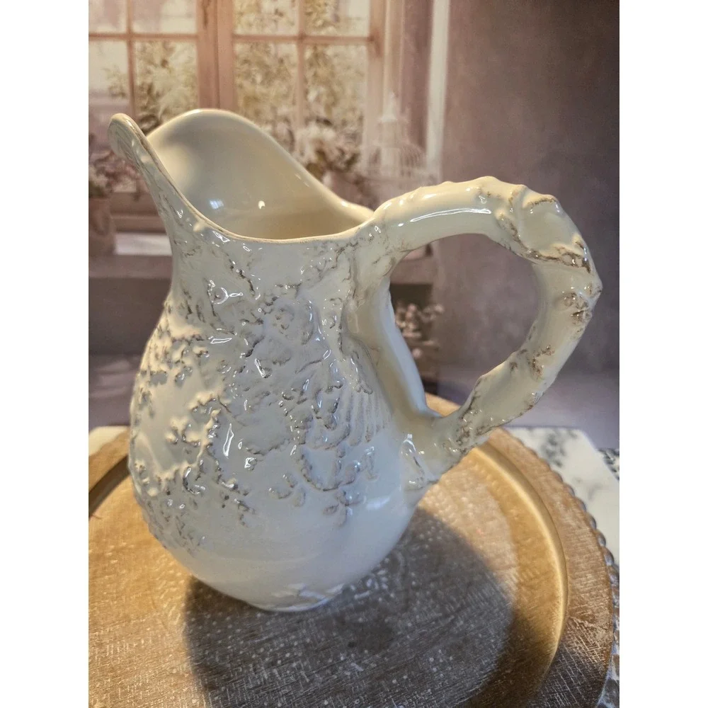 Vintage Italian Style Ceramic Floral‎ Embossed Pitcher Farmhouse Creamer Vase